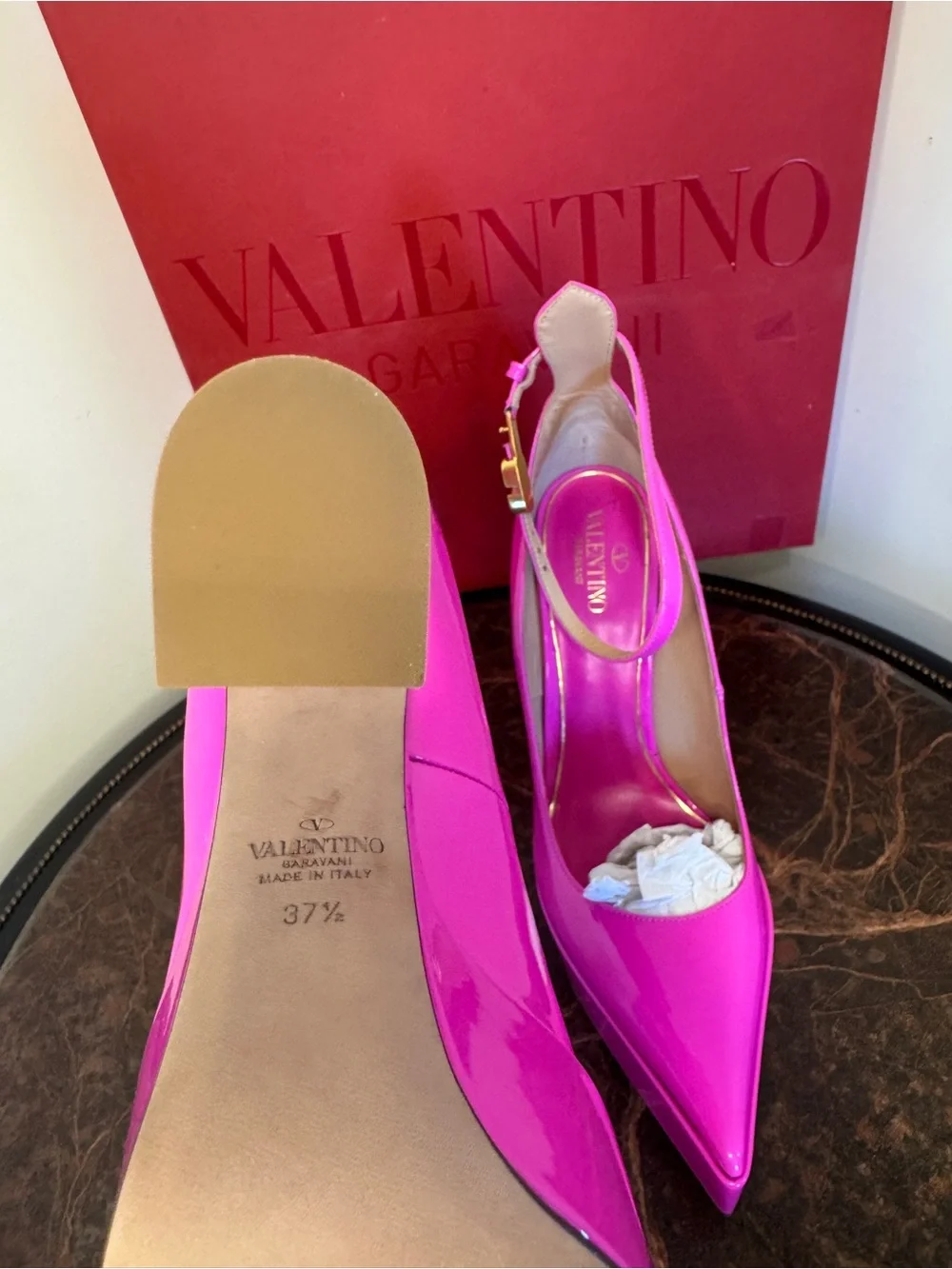 Valentino Garavani Pink PP Patent Leather Ankle Strap Pumps